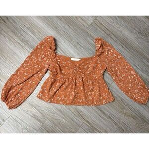 ASTR the Label Women XL Balloon Long Sleeve Floral‎ Orange Sweetheart Neck